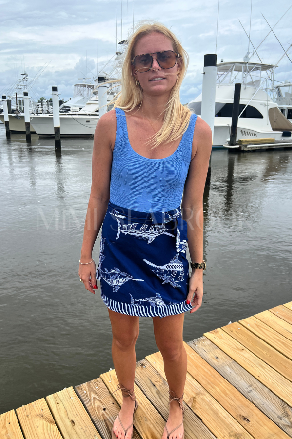 Cheeca Wrap Skirt Coverup aka “The Marge” by King + Pitt, blue billfish print (pre-order)