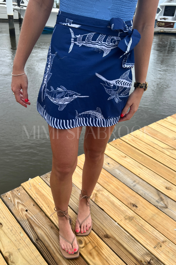 Cheeca Wrap Skirt Coverup aka “The Marge” by King + Pitt, blue billfish print (pre-order)