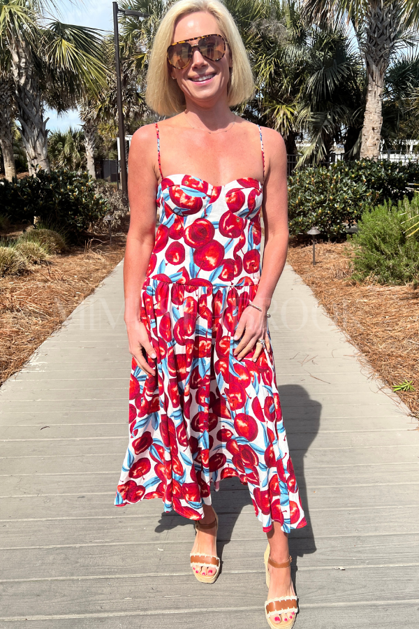 farm rio pink and red dress FARM RIO Beach Forest printed LENZING ECOVERO maxi dress