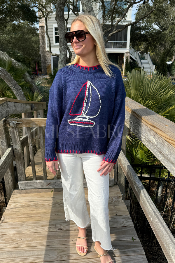 Clearwater sweater, navy sailboat