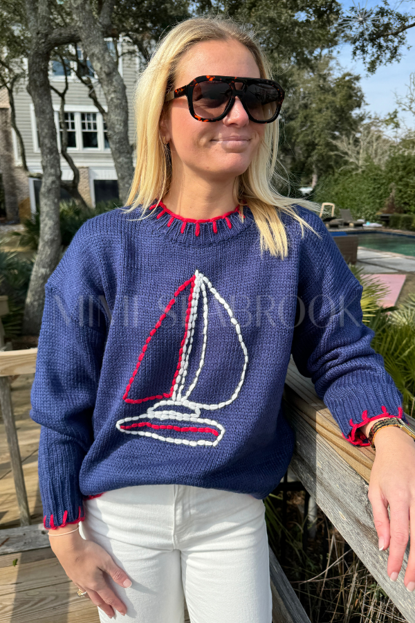 Clearwater sweater, navy sailboat