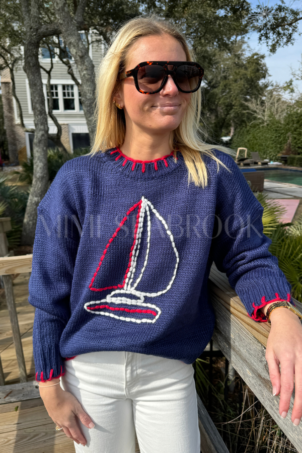 Clearwater sweater, navy sailboat