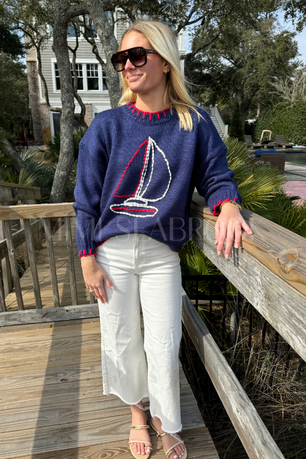 Clearwater sweater, navy sailboat