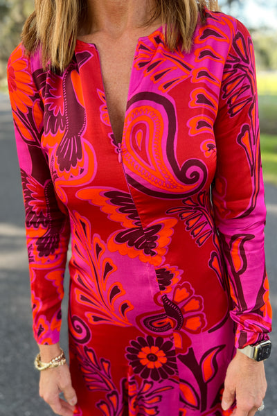 Bold Floral Pink Long Sleeve Maxi Dress by Farm Rio