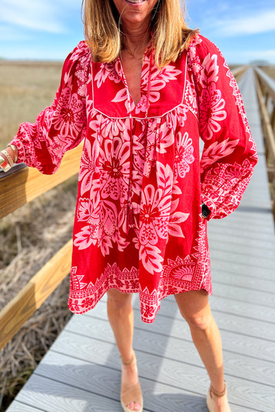 Flora Tapestry Red Long Sleeve Mini Dress by Farm Rio