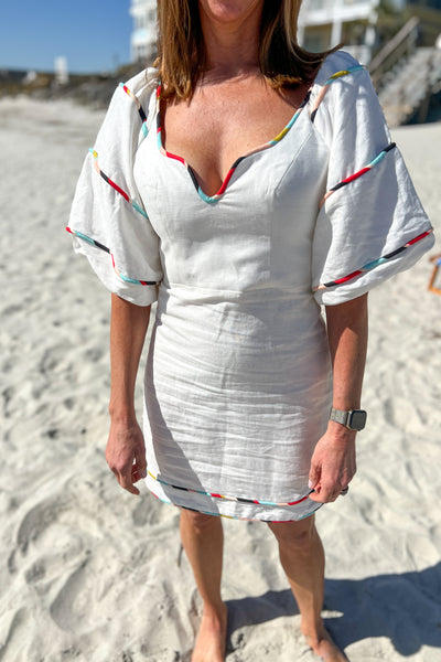 White Colored Stripes Short Sleeve Mini Dress by Farm Rio