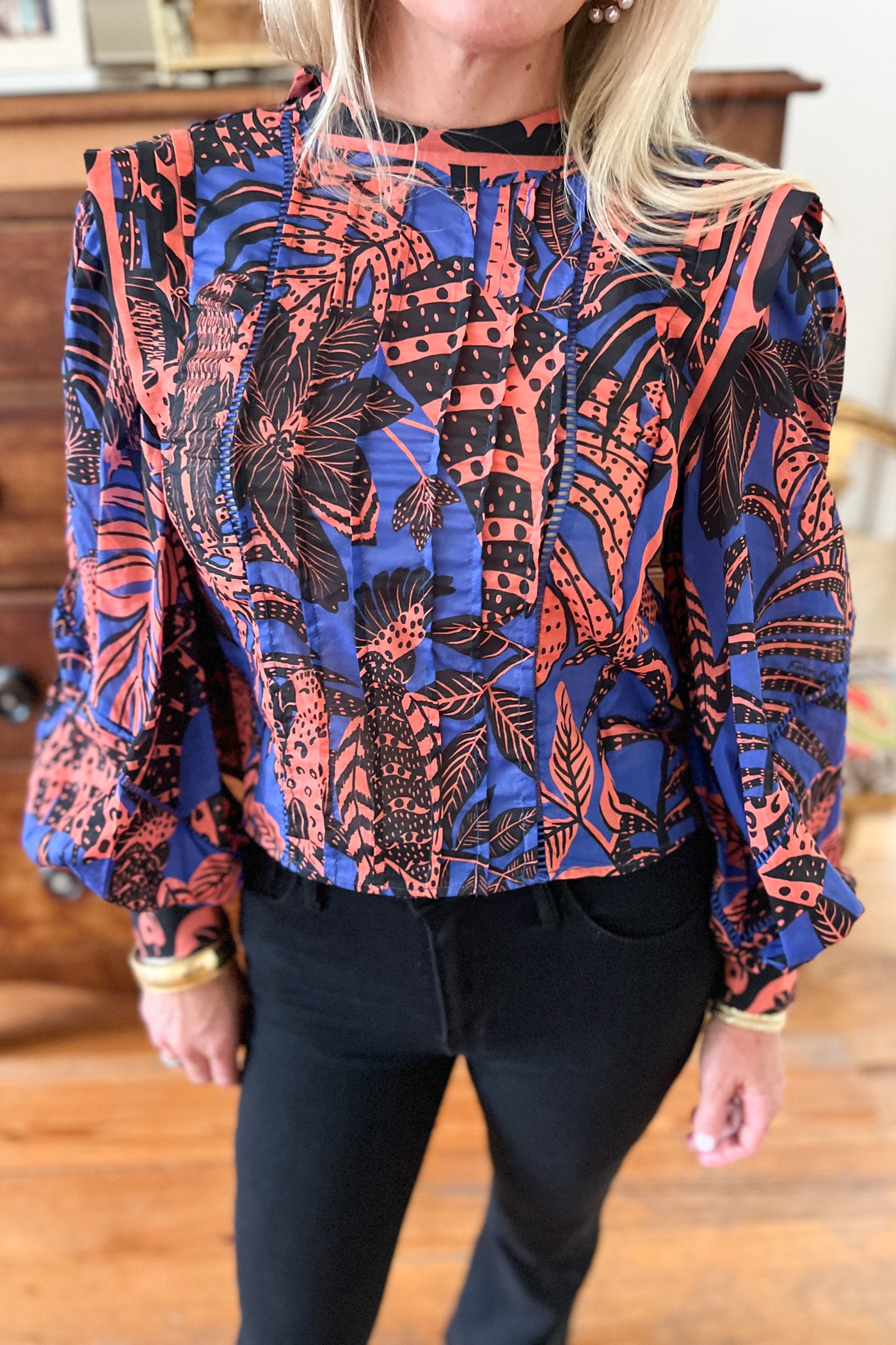 Tropical Gold Blue Pleated Long Sleeve Blouse by Farm Rio