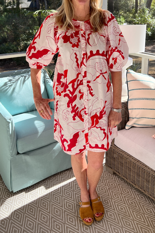 Embroidered Button Mini Dress, Orchid Red by Oliphant