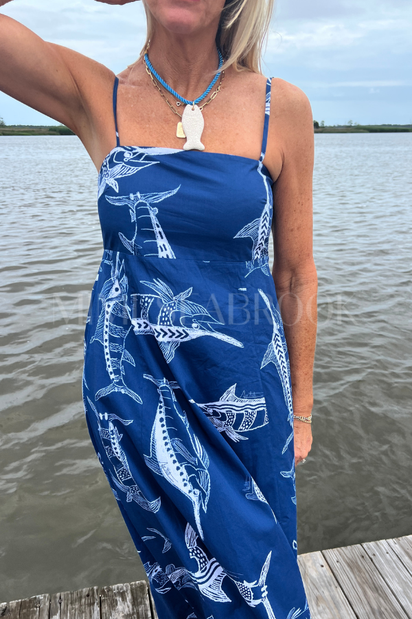 Exumas Dress by King + Pitt, blue billfish print (pre-order)