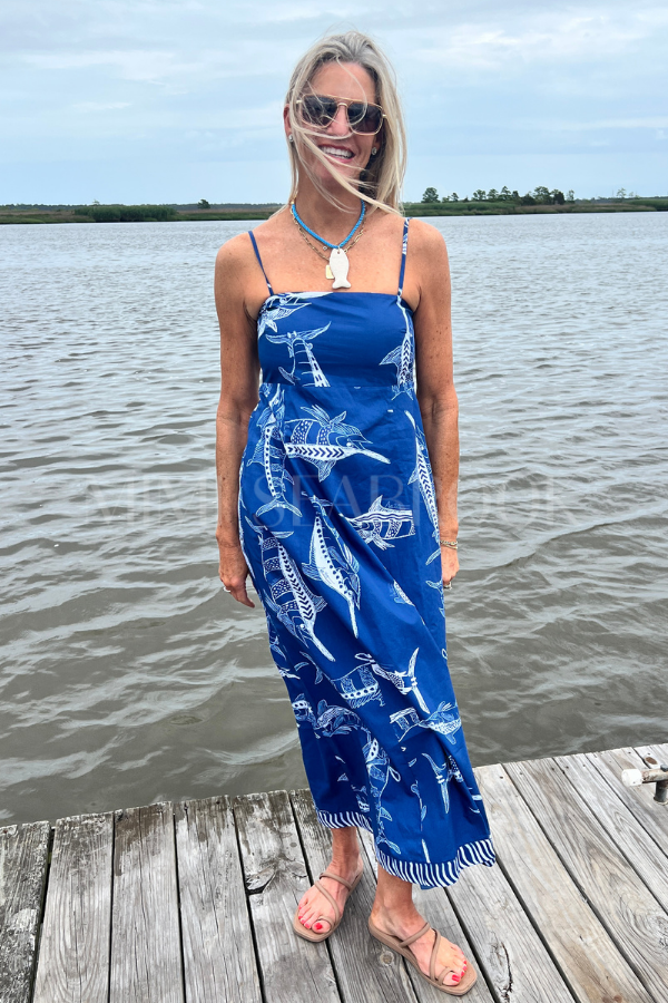 Exumas Dress by King + Pitt, blue billfish print (pre-order)