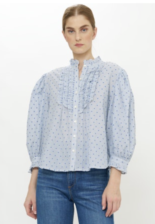 Ruffle Front Button Blouse, Lyon Blue by Oliphant