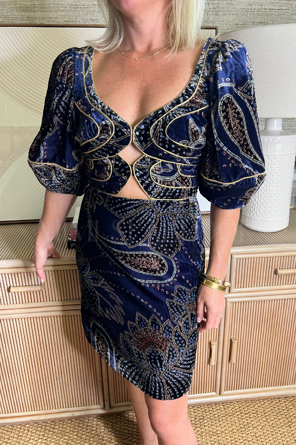 Floral Glam Scarf Blue Velvet Mini Dress by Farm Rio