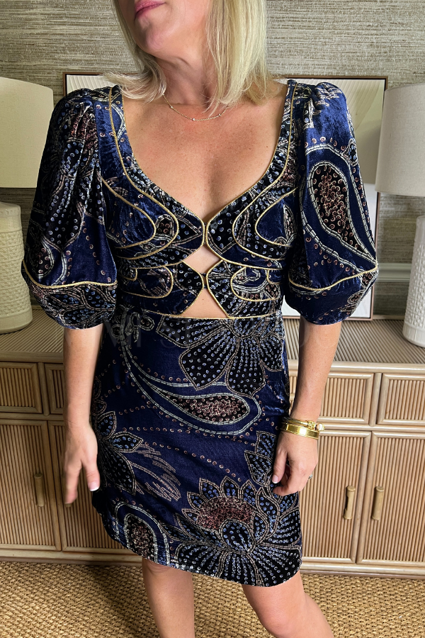 Floral Glam Scarf Blue Velvet Mini Dress by Farm Rio