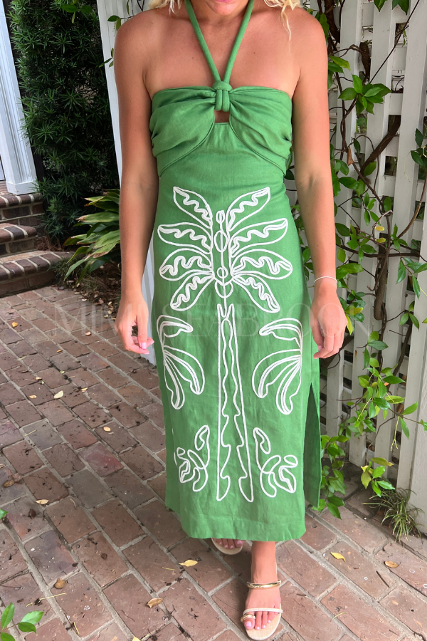 Green Palm Tree Embroidery Midi Dress by Farm Rio
