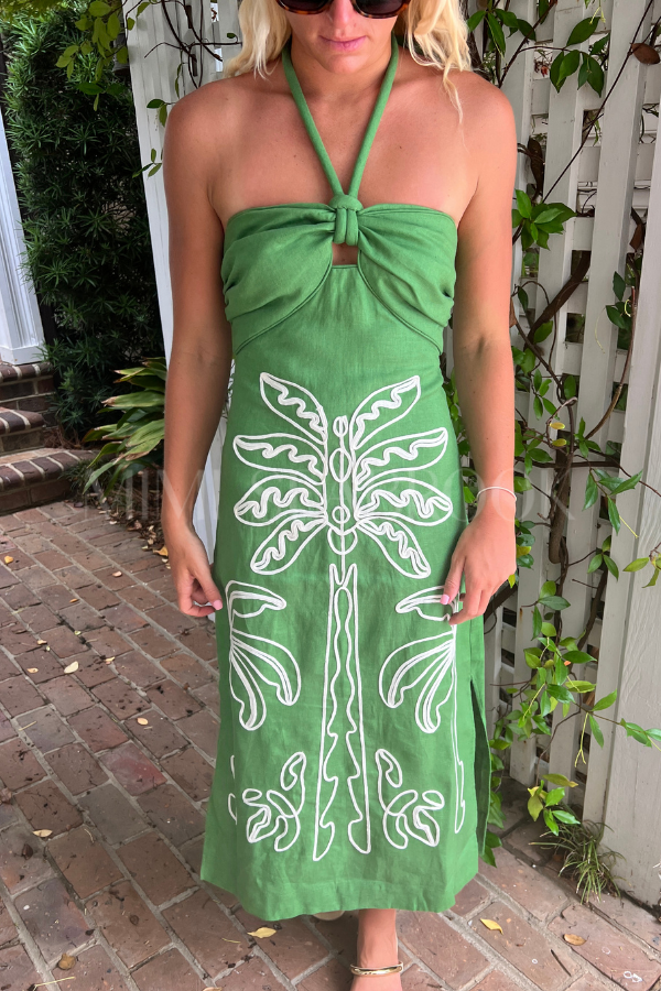 Green Palm Tree Embroidery Midi Dress by Farm Rio