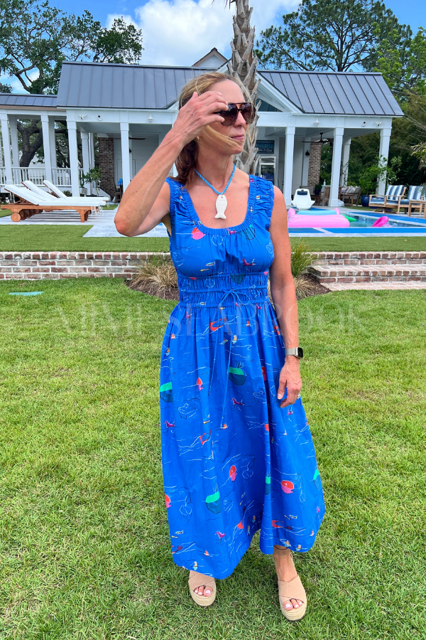Sleeveless A-Line Maxi Printed Dress, Dip Blue, XS