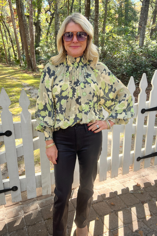 High Neck Blouse, Suzani Charcoal by Oliphant