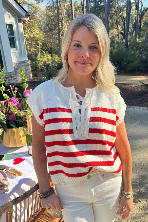 Houser top, red/cream