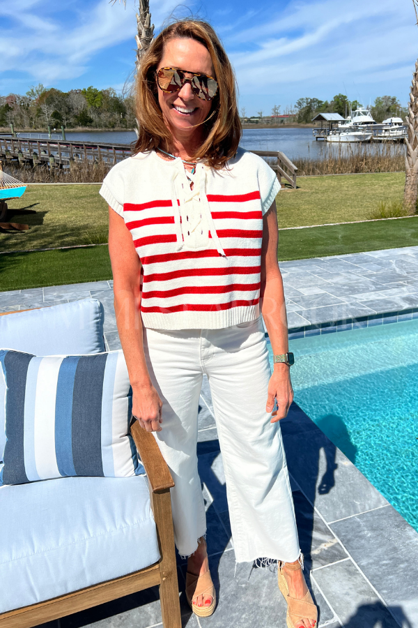 Houser top, red/cream