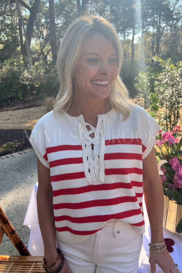 Houser top, red/cream