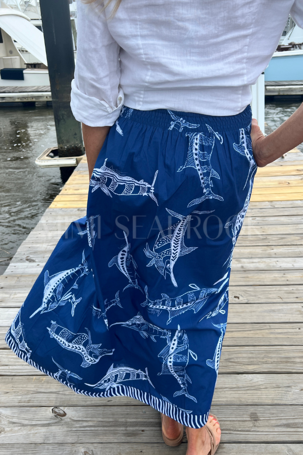 Islamorada Skirt by King + Pitt, blue billfish print (pre-order)