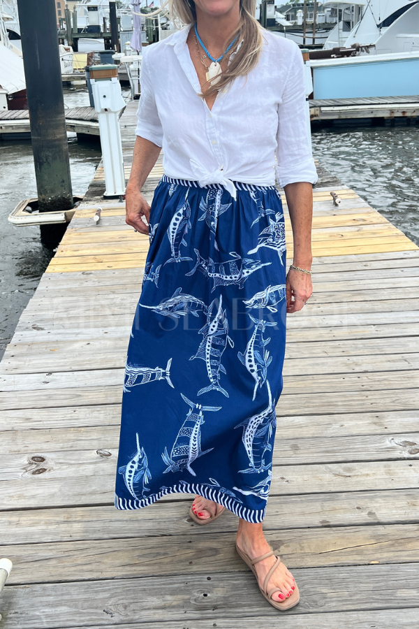 Islamorada Skirt by King + Pitt, blue billfish print (pre-order)