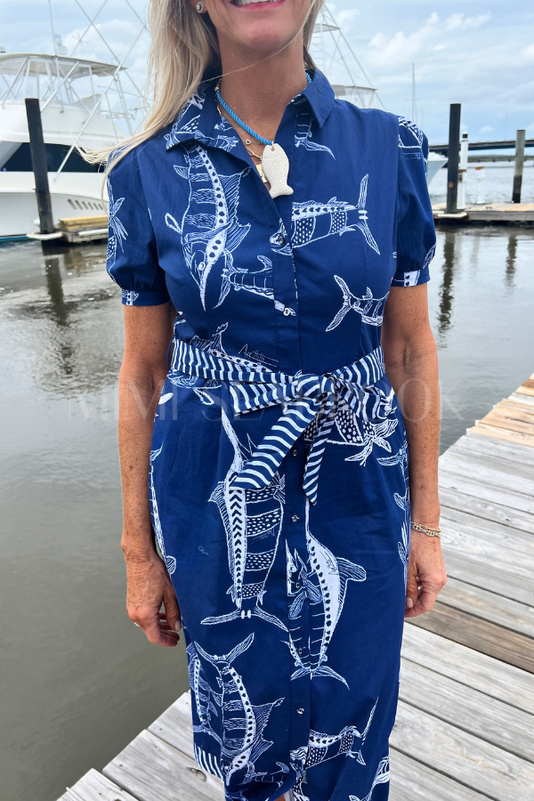 Plantation Key Dress by King + Pitt, blue billfish print (pre-order)
