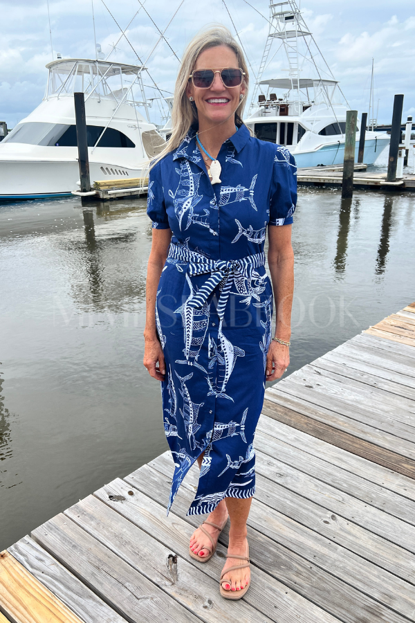 Plantation Key Dress by King + Pitt, blue billfish print (pre-order)