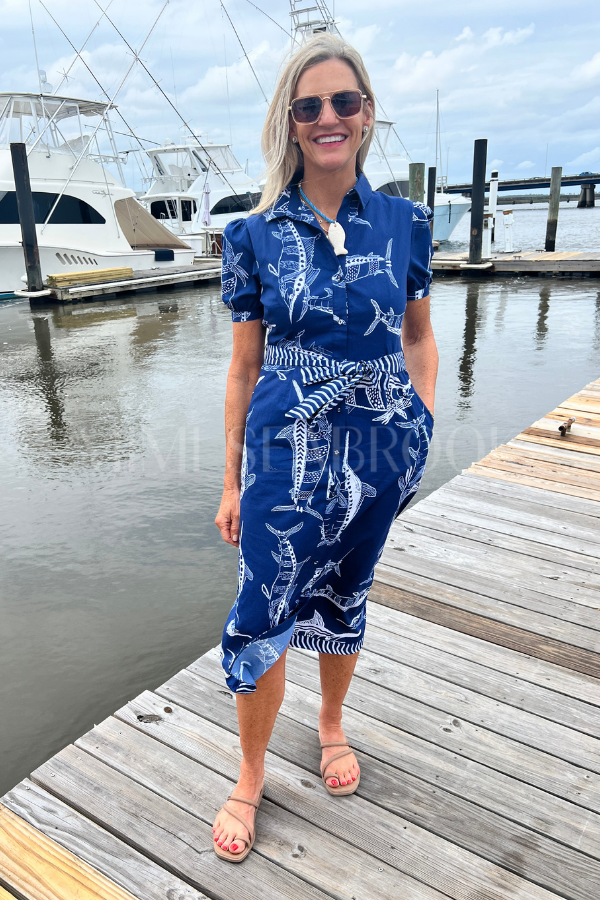 Plantation Key Dress by King + Pitt, blue billfish print (pre-order)