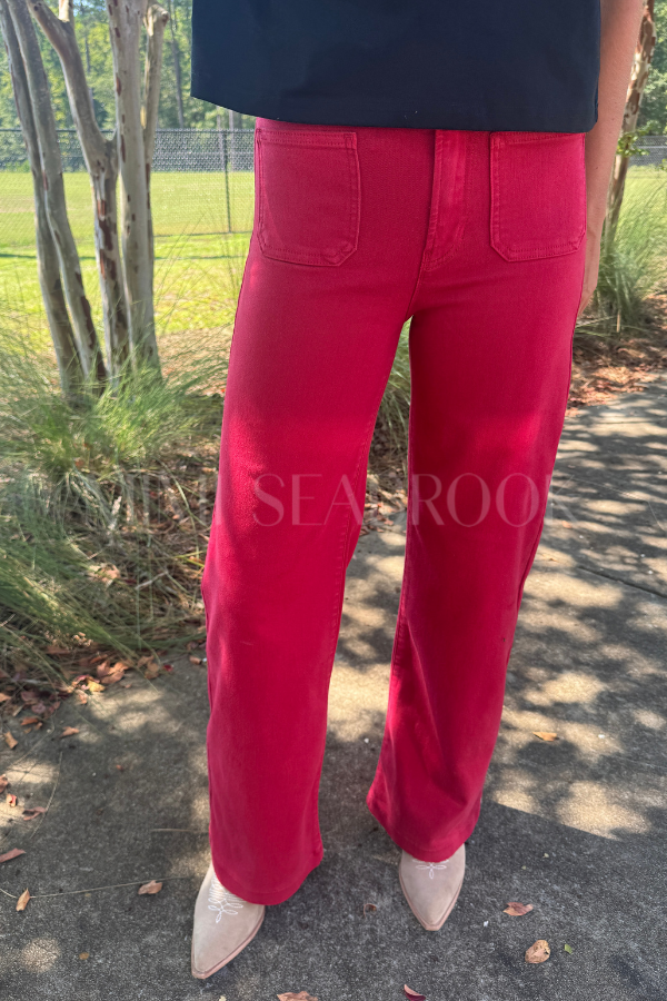 Reina high rise wide leg denim jeans, dark red