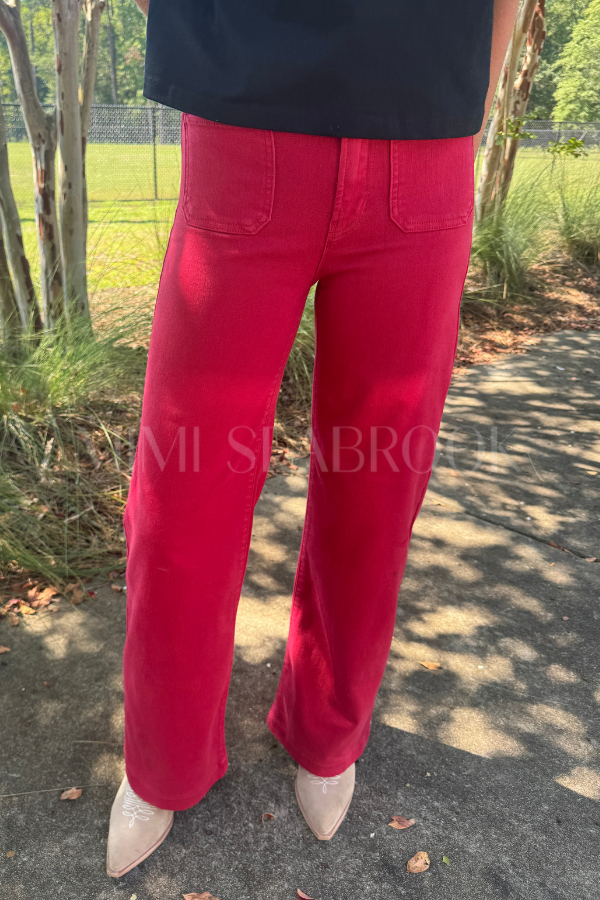 Reina high rise wide leg denim jeans, dark red