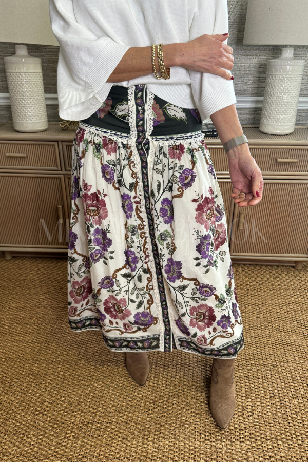 Rococo Flowers Cream Midi Skirt by Farm Rio