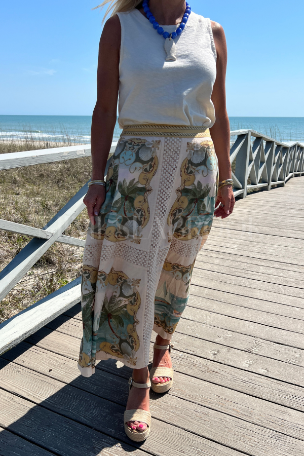 Royal Sea Multicolor Crochet Detail Midi Skirt by Farm Rio