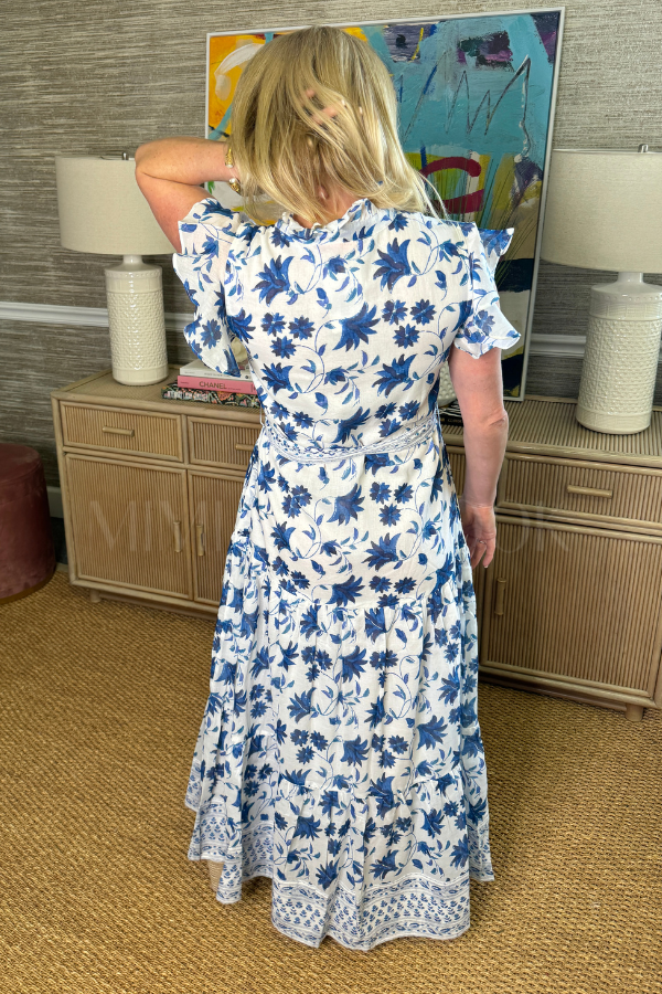 Ruffle Collar Button Maxi Dress, Marion Blue by Oliphant