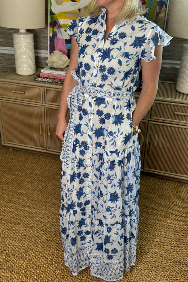 Ruffle Collar Button Maxi Dress, Marion Blue by Oliphant