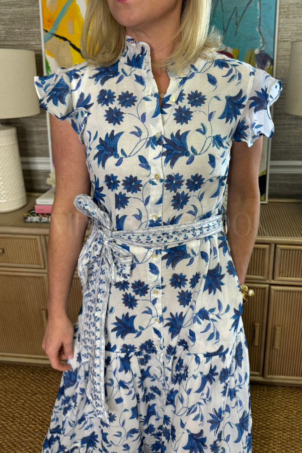Ruffle Collar Button Maxi Dress, Marion Blue by Oliphant