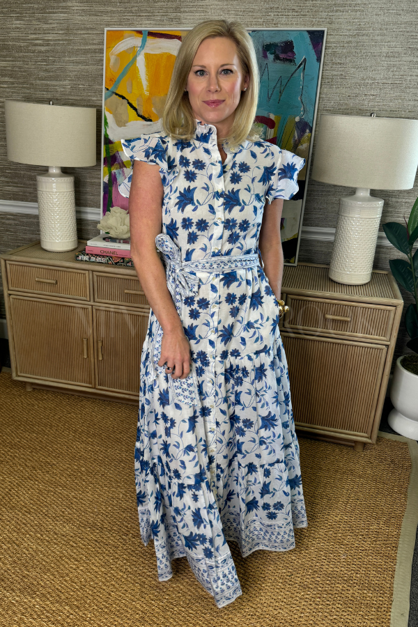 Ruffle Collar Button Maxi Dress, Marion Blue by Oliphant