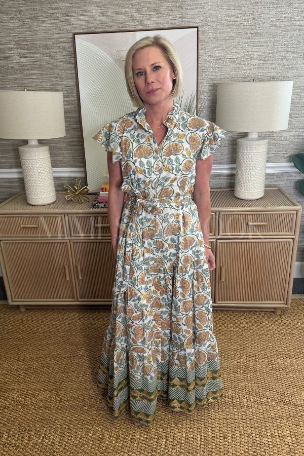 Ruffle Collar Button Maxi Dress, Montenegro by Oliphant