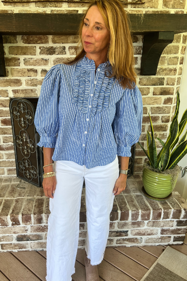 Ruffle Front Button Blouse, Devon Blue by Oliphant