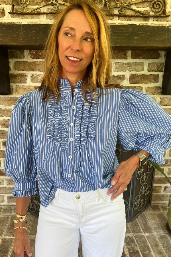 Ruffle Front Button Blouse, Devon Blue by Oliphant