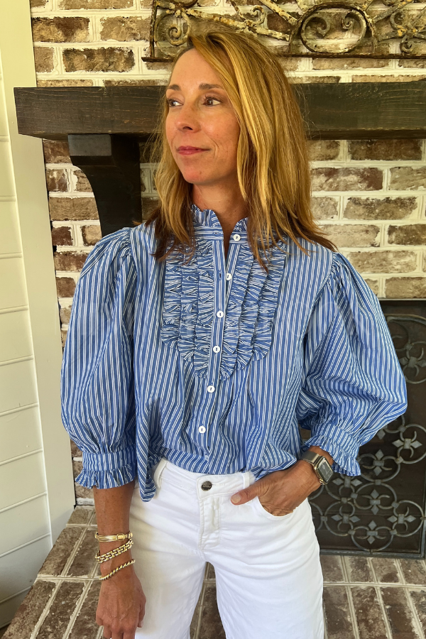 Ruffle Front Button Blouse, Devon Blue by Oliphant
