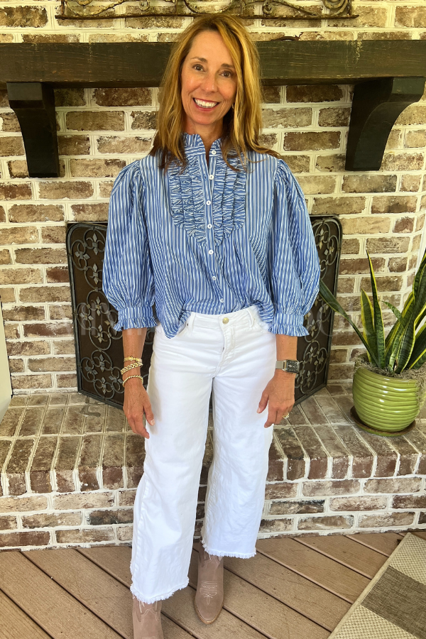 Ruffle Front Button Blouse, Devon Blue by Oliphant
