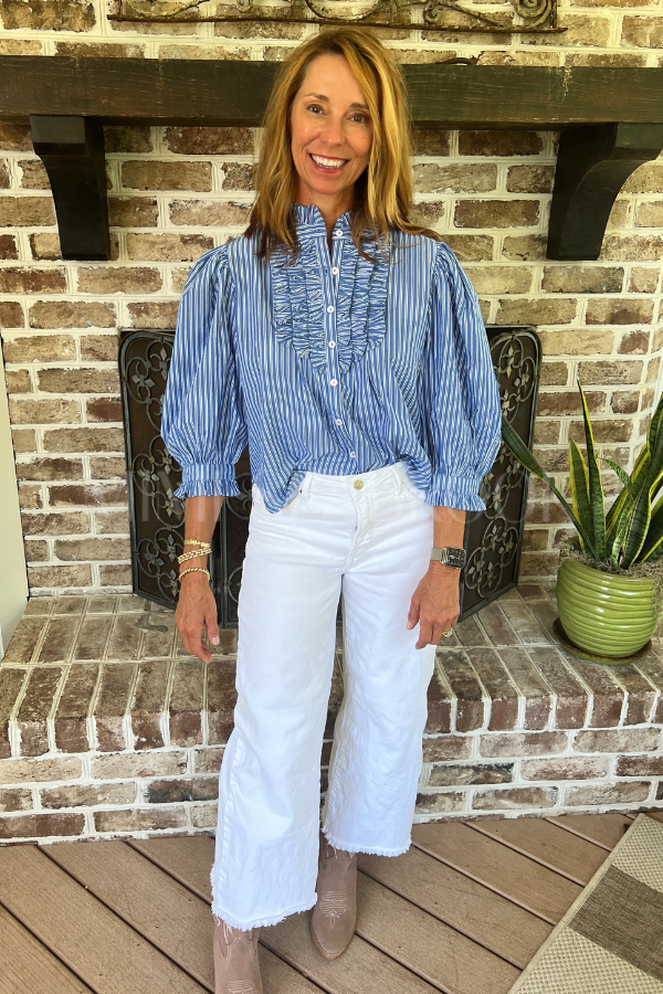 Ruffle Front Button Blouse, Devon Blue by Oliphant