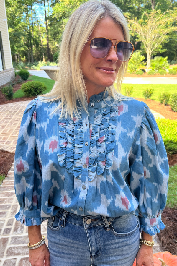 Ruffle Front Button Blouse, Jinja Blue by Oliphant – Mimi Seabrook
