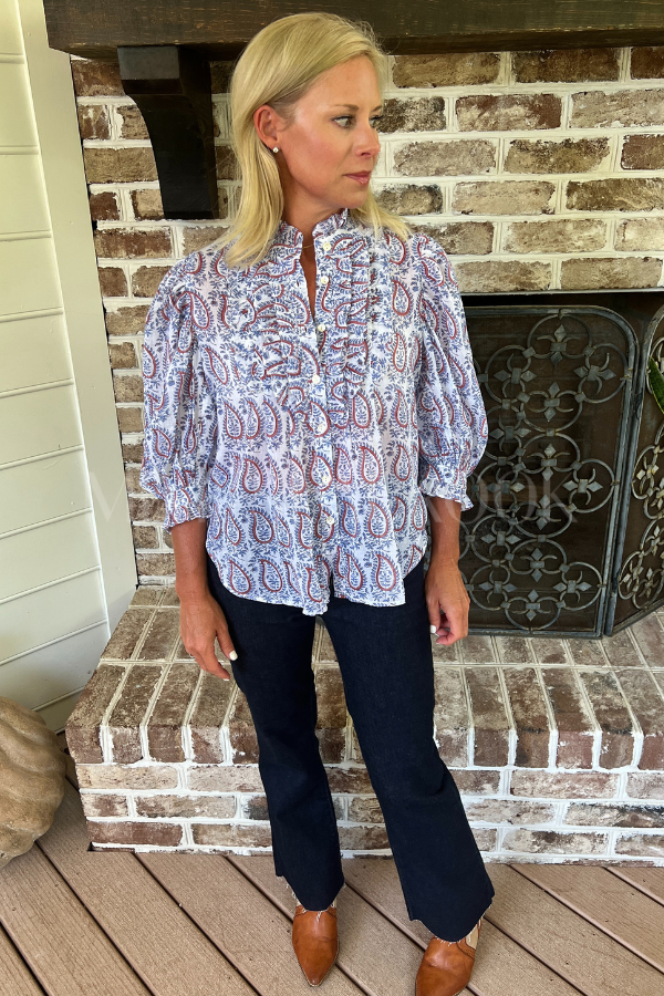 Ruffle Front Button Blouse, Kochi Blue by Oliphant
