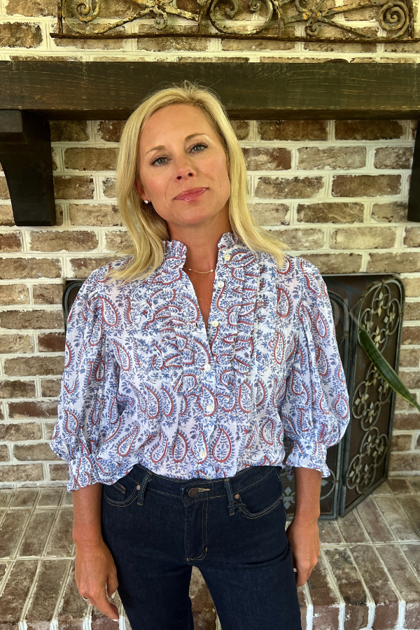 Ruffle Front Button Blouse, Kochi Blue by Oliphant