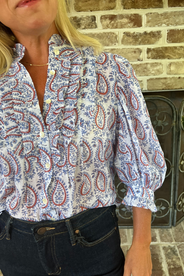 Ruffle Front Button Blouse, Kochi Blue by Oliphant
