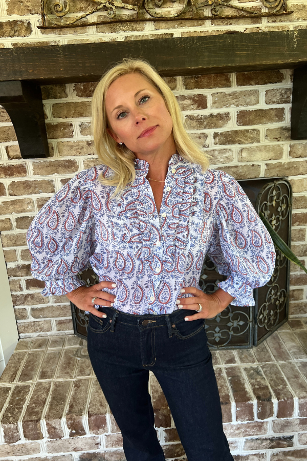 Ruffle Front Button Blouse, Kochi Blue by Oliphant