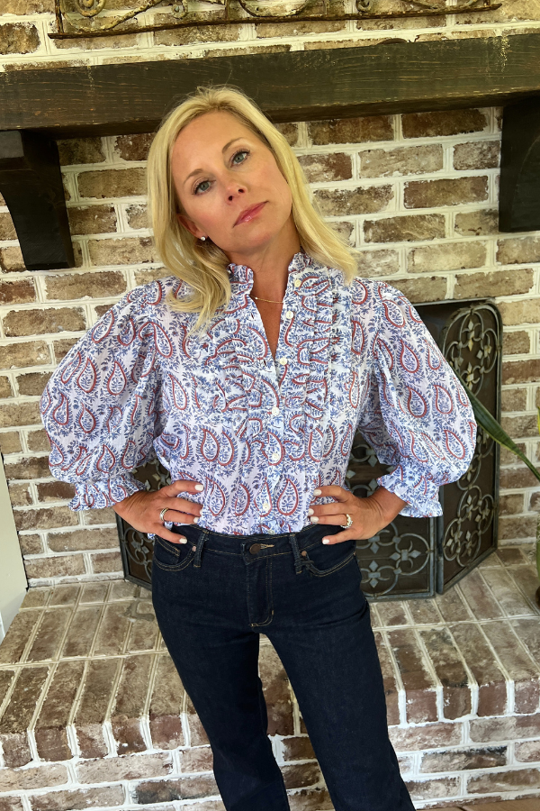 Ruffle Front Button Blouse, Kochi Blue by Oliphant