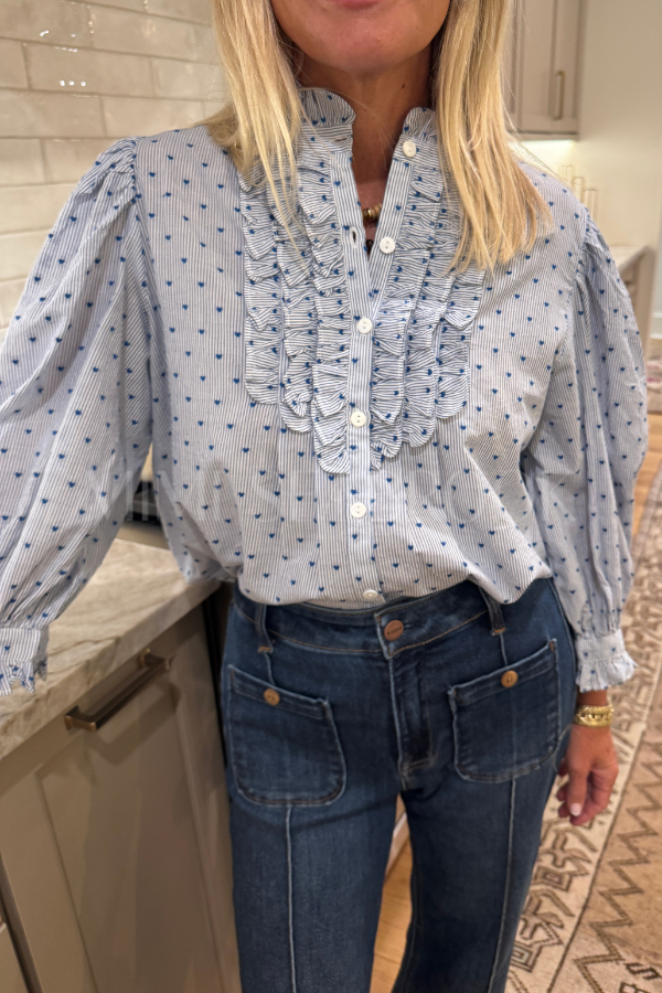 Ruffle Front Button Blouse, Lyon Blue by Oliphant